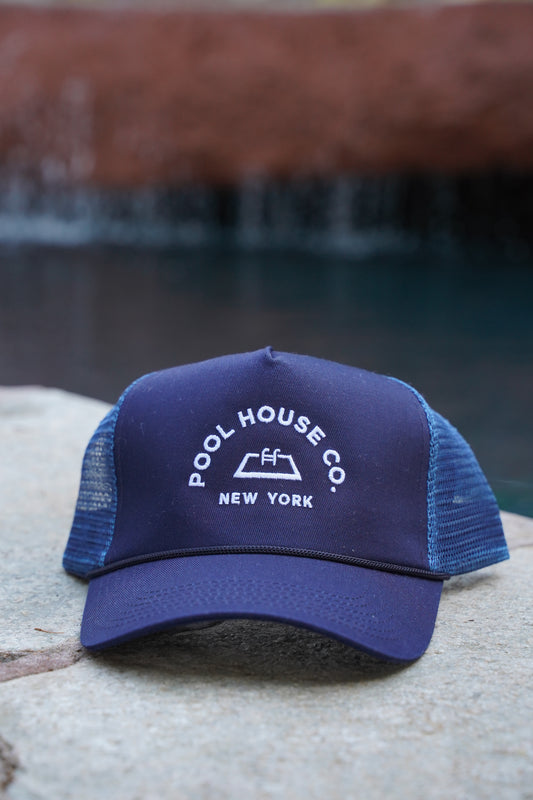 navy trucker hat, rope, navy, hat, pool, house, pool house, new york, mesh back, mesh, structured hat,